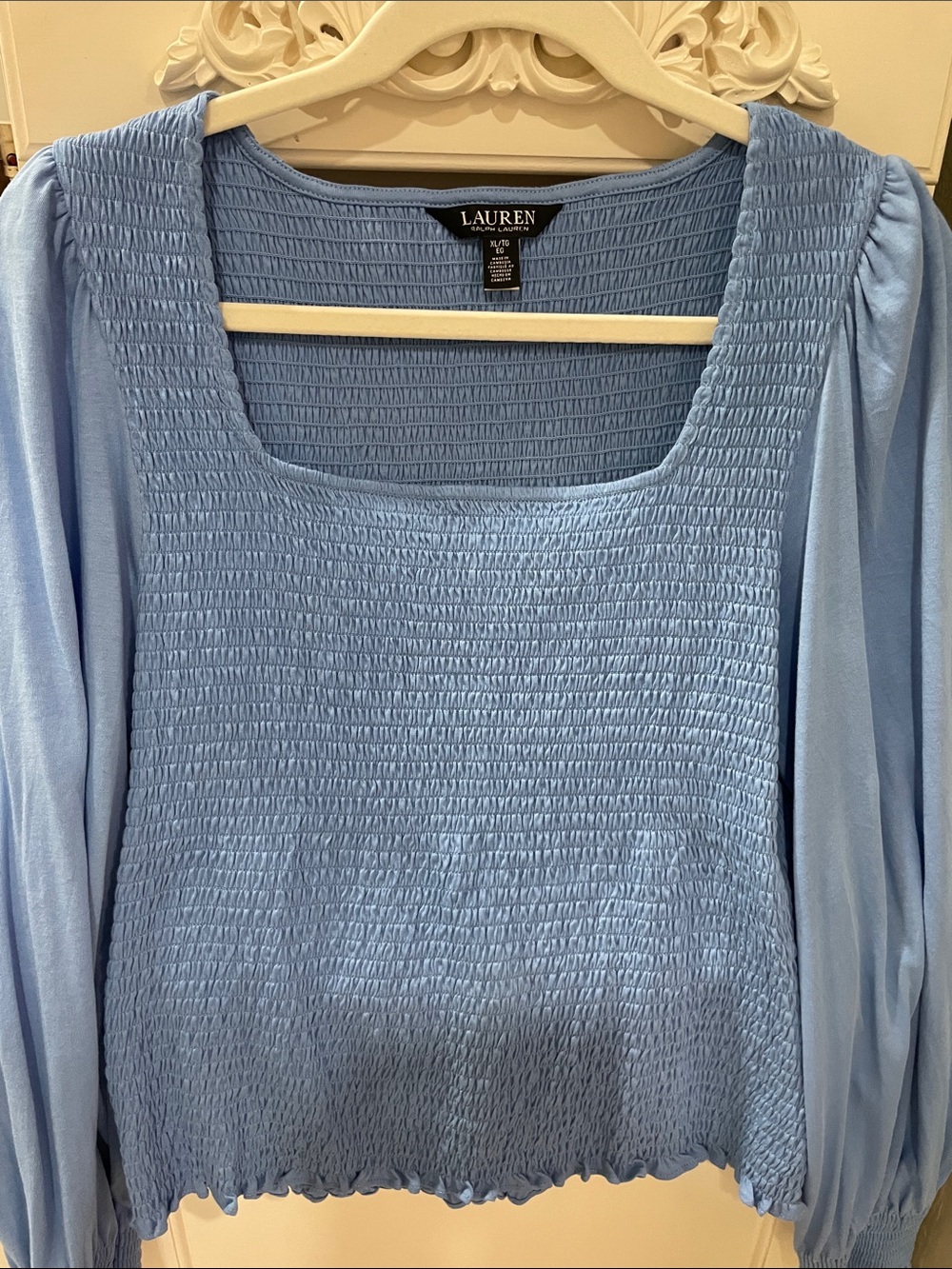 Lauren Ralph Lauren Sky Blue Smocked Square Neck Top
